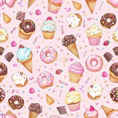 Cake and Cupcake Seamless Delight: Sweet Vector Pattern with Chocolate, Strawberry, Cream, and More!