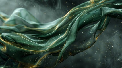 A closeup of an emerald green and gold scarf with swirling lines, the fabric floating in midair, delicate details visible through semitransparent material, dust particles scattered across its surface.