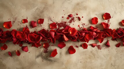 Gently scattered red rose petals forming a delicate strip, indicating a trail of love.