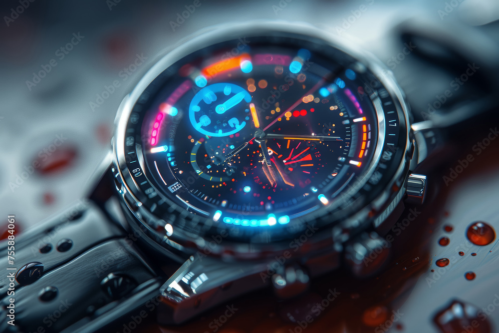 Poster a sleek smartwatch monitoring various health metrics, exemplifying the integration of technology in 