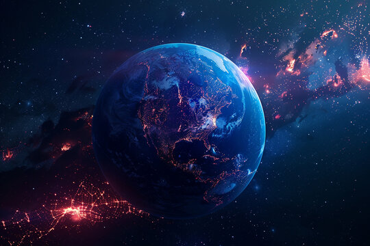 Planeta muy detallado La Tierra por la noche, iluminada por la luz de las ciudades. La Tierra est?? rodeada por un sistema brillante que representa las 