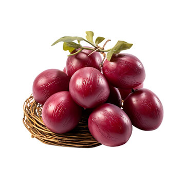Overflowing Bounty: Freshly Harvested Hog Plums Nestled in a Rustic Straw Basket, A Vibrant Display of Nature's Abundance and Rural Charm - PNG Cutout Isolated on a Transparent Backdrop