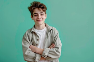 A young boy with a smile on his face is wearing a gray jacket and white shirt. He is standing with his arms crossed and looking at the camera