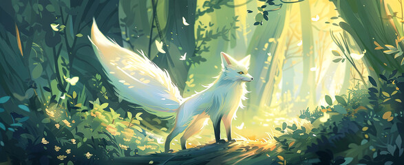 Obraz premium Illustration of white fox in the magic forest. Bibi from Asian Mythology.