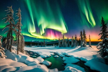 sunset in the mountains, Immerse yourself in the mesmerizing beauty of the Aurora Borealis dancing across a Nordic landscape