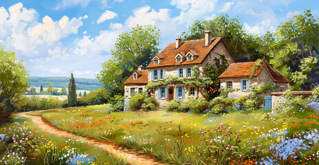 Spring french landscape with country side, Oil paintig banner