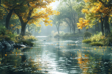 Fototapeta premium A tranquil riverside scene, where the gentle flow of water whispers the promise of rejuvenation. Concept of peaceful retreat and reflection. Generative Ai.