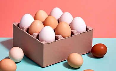 a box of eggs are shown with some eggs in it, colorful, pastel simple background сreated with Generative Ai