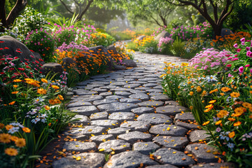 A charming cobblestone path winding through a blooming garden, inviting leisurely strolls and contemplation. Concept of a leisurely garden walk. Generative Ai.