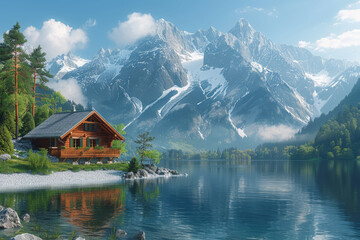 Fototapeta na wymiar A cozy cabin perched on the edge of a crystal-clear lake, offering panoramic views of the surrounding mountains. Concept of a lakeside retreat in spring. Generative Ai.