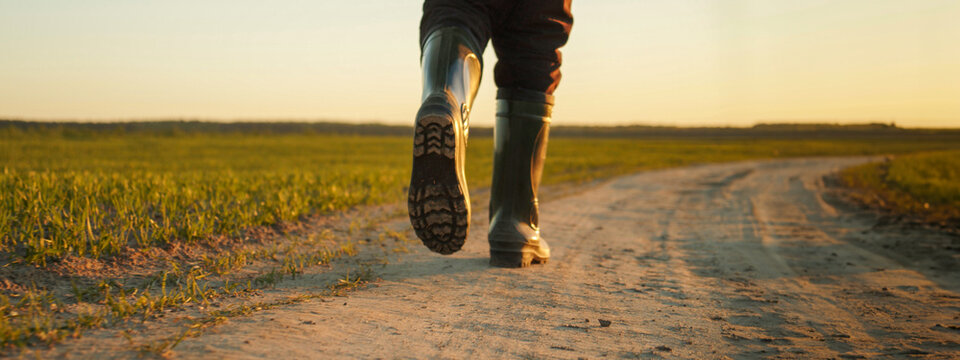 AGRICULTURE. Man farmer in rubber boots walks along a country road near a green field of wheat grass. Concept of agricultural business.