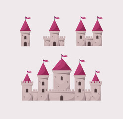 Pink princess medieval vector castles icon set. Cartoon fairy tale castle tower icon