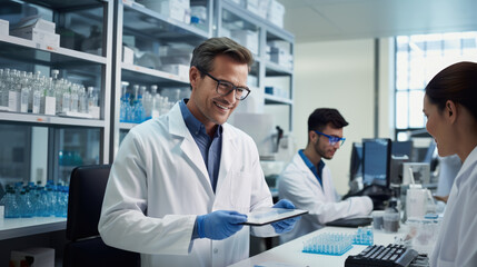 Smiling male scientist with curly hair and glasses is holding a tablet and standing in a modern laboratory