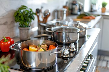 Pots and Pans Simmering on Stove in Modern Kitchen