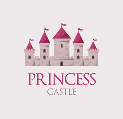 Pink princess medieval vector castle. Cartoon fairy tale castle tower icon
