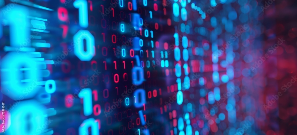Poster a closeup of digital code on a screen with blue and red hues representing data flow generative ai