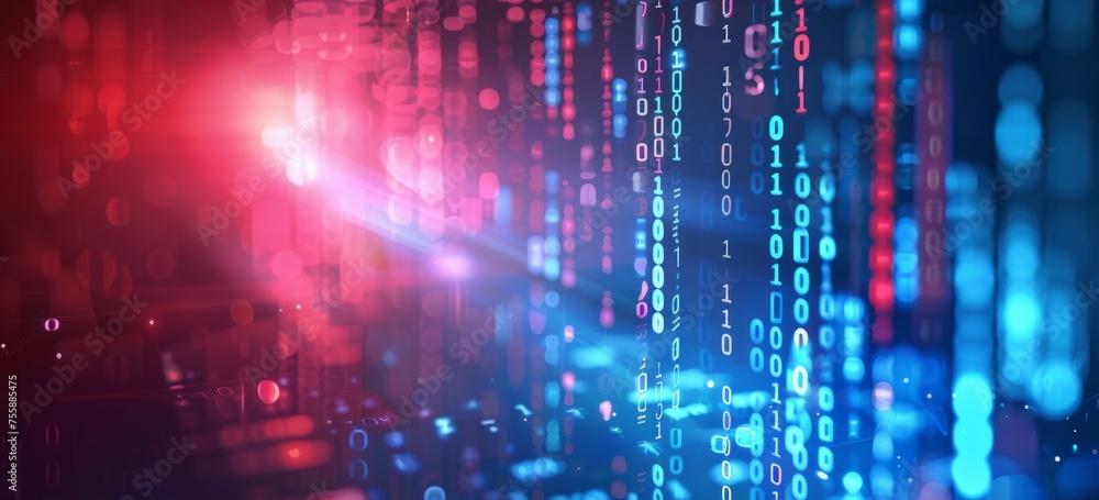 Poster cinematic shot of digital data and binary code with a blue and red color theme generative ai
