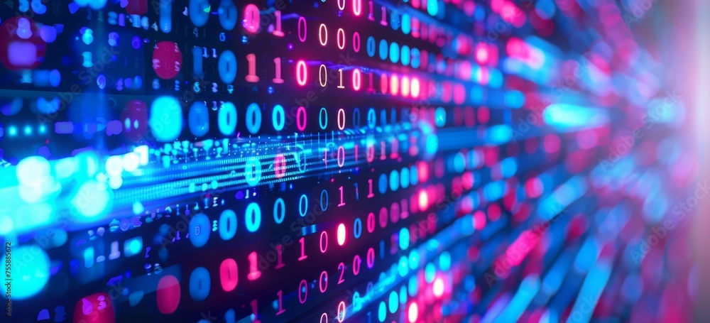 Poster a closeup of digital code on a screen with blue and red hues representing data flow generative ai