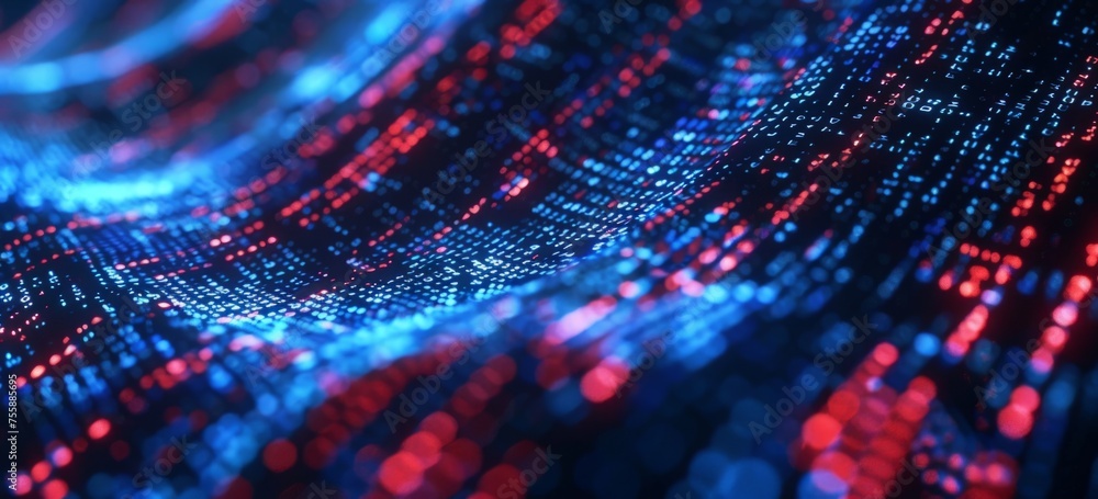 Poster a closeup of digital code on a screen with blue and red lines representing data flow generative ai
