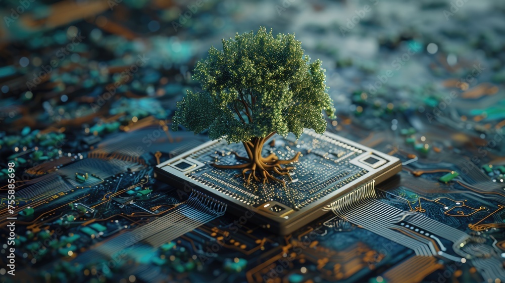 Aufkleber the bottom angle view of the growing green tree on the cpu on the land of the greenish mainboard and