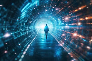 Fototapeta premium Man Walking Through Tunnel of Light