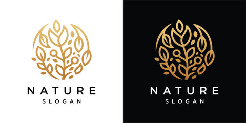 Gold leaf flower Logo Design Template. Line Art Vector leaf icon