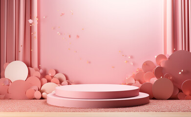 empty podium, confettis on the floor, pastel pink background сreated with Generative Ai