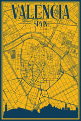 Yellow and blue hand-drawn framed poster of the downtown VALENCIA, SPAIN with highlighted vintage city skyline and lettering