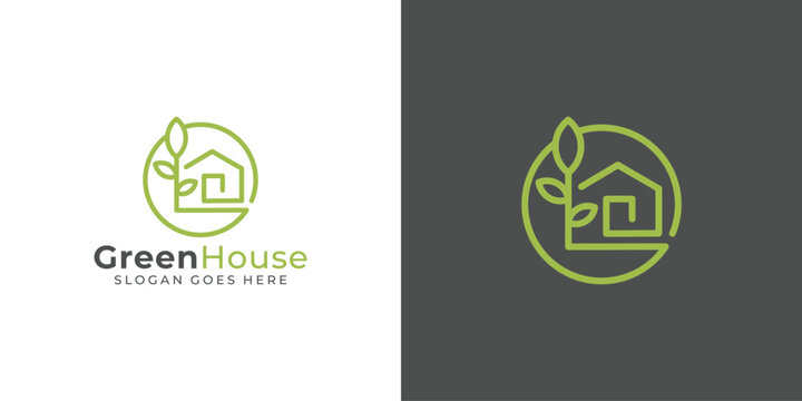 Creative Green House Logo. Nature Green House, Leaf Circle Home with Linear Outline Style. Eco Home Logo Icon Symbol Vector Design Template.