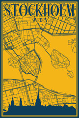Yellow and blue hand-drawn framed poster of the downtown STOCKHOLM, SWEDEN with highlighted vintage city skyline and lettering