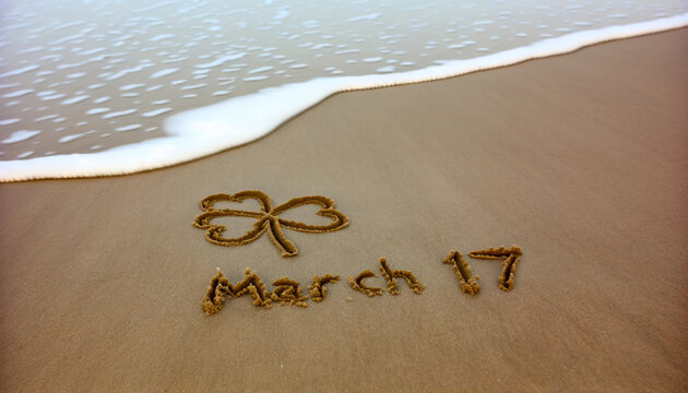 St. Patrick's Day Celebration: Clover and Date on Sandy Beach