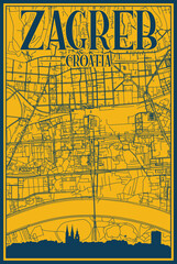 Yellow and blue hand-drawn framed poster of the downtown ZAGREB, CROATIA with highlighted vintage city skyline and lettering