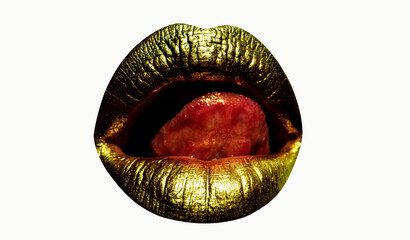 Golden lips with gold lipstick on isolated background. Sensual girl or woman mouth with gold. Tongue licking gold lip. Glamour background.
