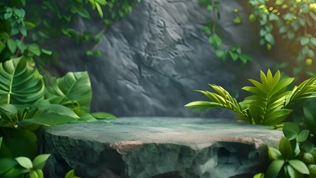 Natural stone podium pedestal made of flat brown stones on green leaves background for product presentation 4k video. Concrete podium and leaves moving in the wind beauty