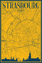 Yellow and blue hand-drawn framed poster of the downtown STRASBOURG, FRANCE with highlighted vintage city skyline and lettering