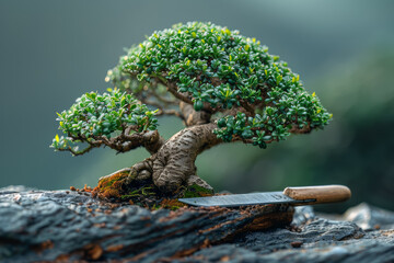 A pair of pruning shears carefully shaping a bonsai tree, illustrating the precision and patience required in this ancient horticultural art. Concept of bonsai cultivation. Generative Ai.