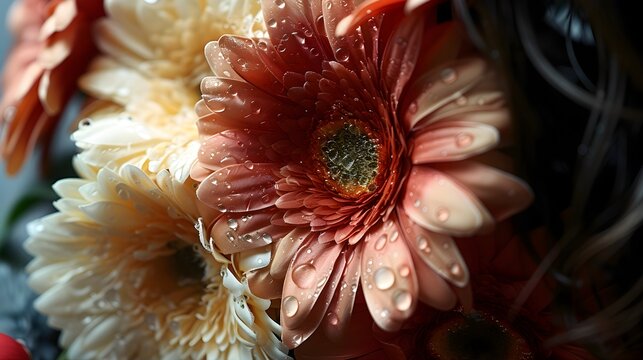 Beautiful gerbera flowers with water drops on dark background, closeup.