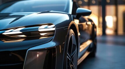 A close-up of a sleek black luxury sports car's headlight, showcased in the reflective ambiance of...
