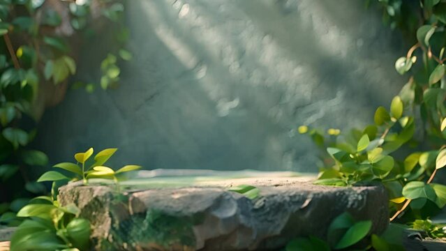 Natural stone podium pedestal made of flat brown stones on green leaves background for product presentation 4k video. Concrete podium and leaves moving in the wind beauty