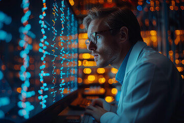 A geneticist analyzing DNA sequences on a computer screen, unraveling the genetic code and its implications. Concept of genomic exploration. Generative Ai. - obrazy, fototapety, plakaty