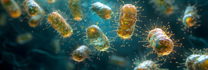 Army of harmful germs and bacteria,
Pathogenic viruses microbes under the miroscope - obrazy, fototapety, plakaty