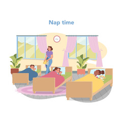 Nap time in kindergarten. Flat vector illustration
