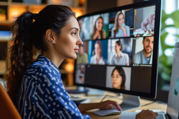 virtual meeting through video calls, online lecturing sessions, friends online meetup, Businesswoman using computer video call to talk to colleagues, A girl conducting a video conference with a team