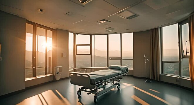 Hospital room with stretcher at sunset.