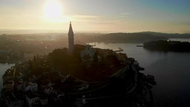 Aerial View Winter Sunrise over Rovinj Old Town, Croatia Seaside Touristic Destination 4K