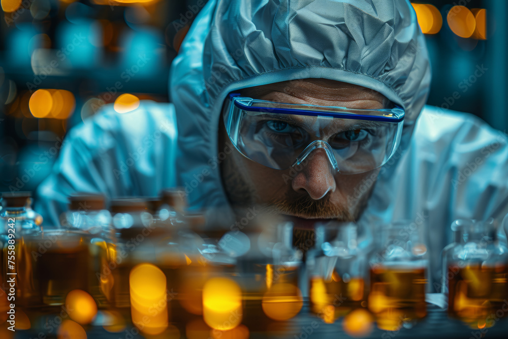 Poster an atmospheric chemist analyzing air samples for pollutants, contributing to the understanding of ai