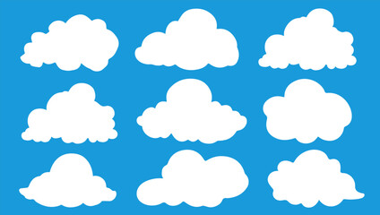 Set of clouds on blue background. Isolated white clouds. Vector illustration.