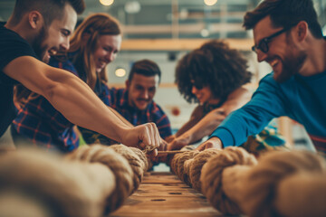 Tug of war game, dynamic team-building activity, People playing tug of war during a training, group of businesspeople pulling on a rope together during tug of war battle, Team competing in tug of war - obrazy, fototapety, plakaty