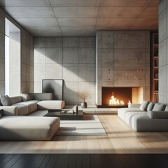 Sleek Elegance: Modern Living Room with Fireplace and Concrete Walls, Exuding Minimalist Style in Interior Design