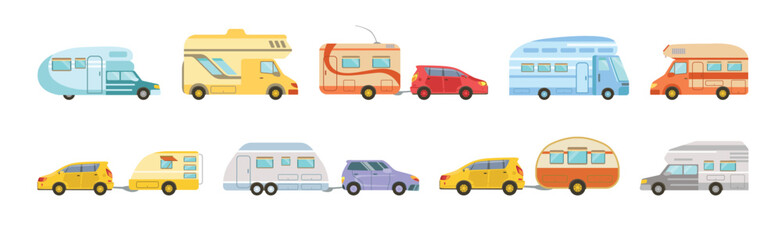 Camping Caravan and Recreational Vehicle with Car Vector Set